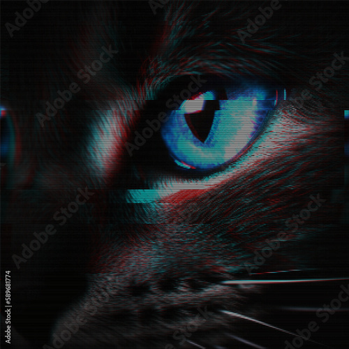 Glitched glowing cat blue eye. Abstract glitch background. Cyberpunk wallpaper in a style of 80's. Futuristic concept. EPS 10. Creative graphic design for poster, brochure, flyer and card.