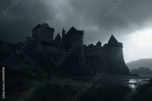 great black castle and towers dark weather cinematic Generative AI