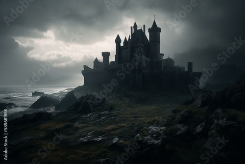 great black castle and towers dark weather cinematic Generative AI