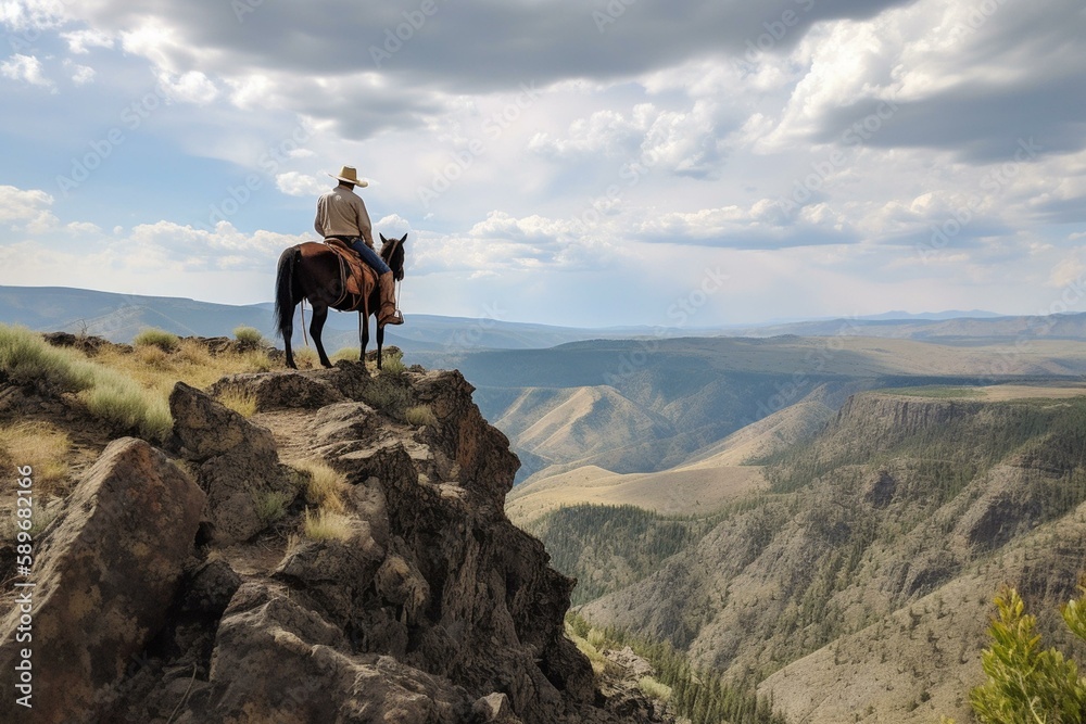 cowboy on horse watching view from cliff Generative AI - obrazy, fototapety, plakaty 