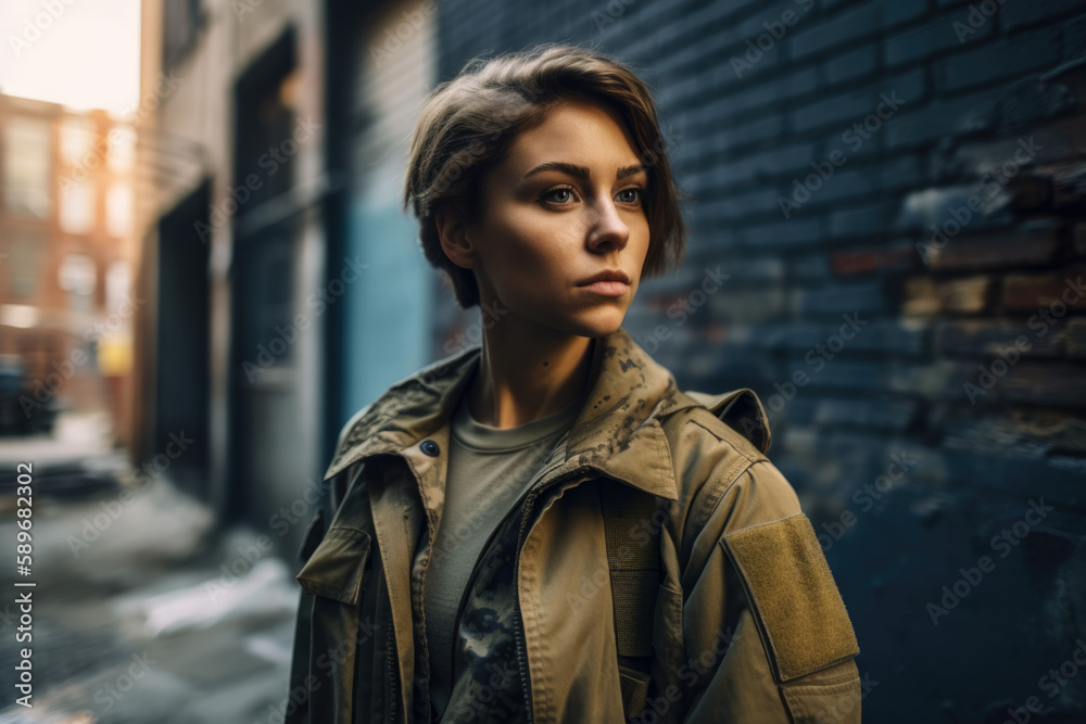 Woman in Military Uniform with a Gritty Urban Backdrop, generative ai Woman in Military Uniform with a Gritty Urban Backdrop, generative ai