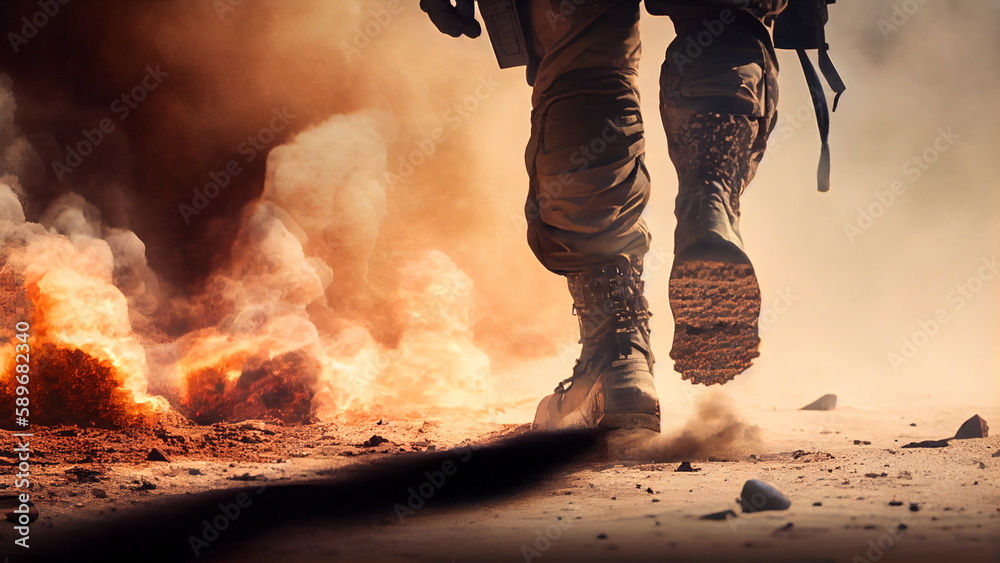 Military special forces soldier crosses destroyed warzone through fire and smoke in the desert with Generative AI.