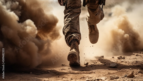 Military special forces soldier crosses destroyed warzone through fire and smoke in the desert with Generative AI.