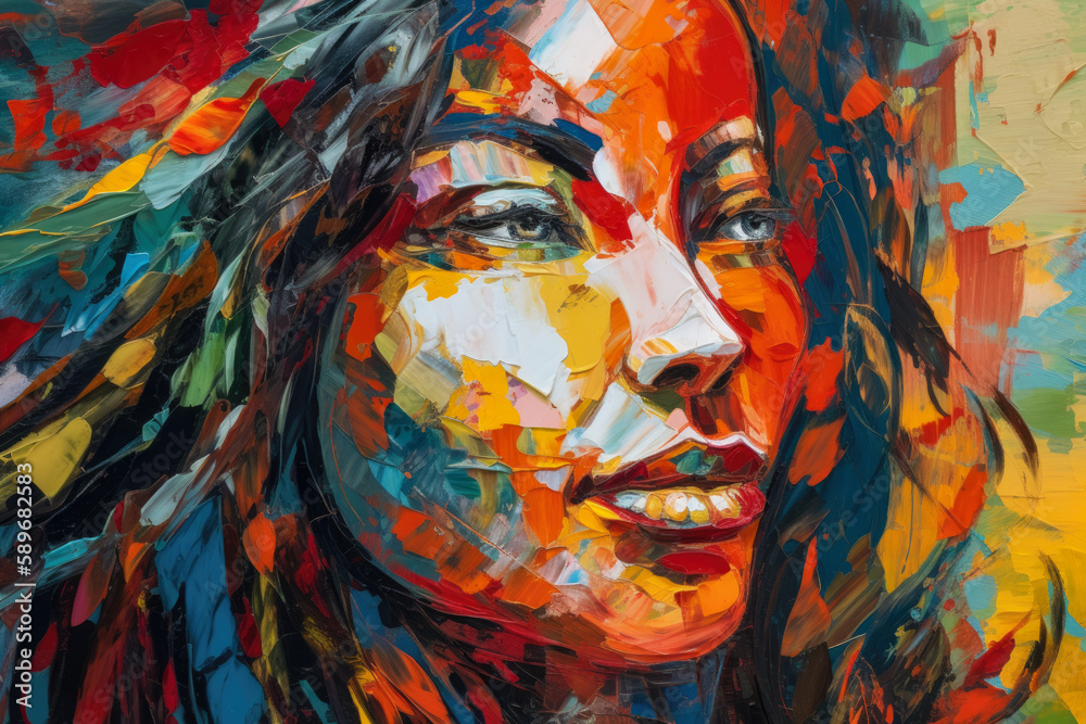 woman's portrait depicted in abstract expressionism style with bold brushstrokes and bright colors to capture her fiery spirit and fierce determination, generative ai
