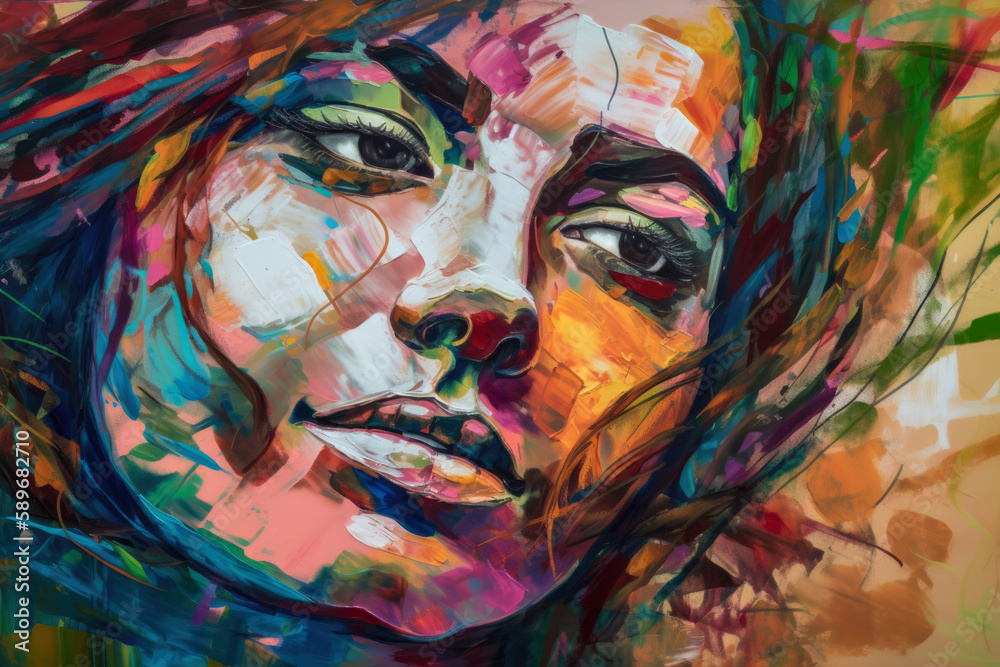 woman's portrait in abstract expressionism style with bold and dramatic lines, depicting her strength and resilience in the face of adversity, generative ai