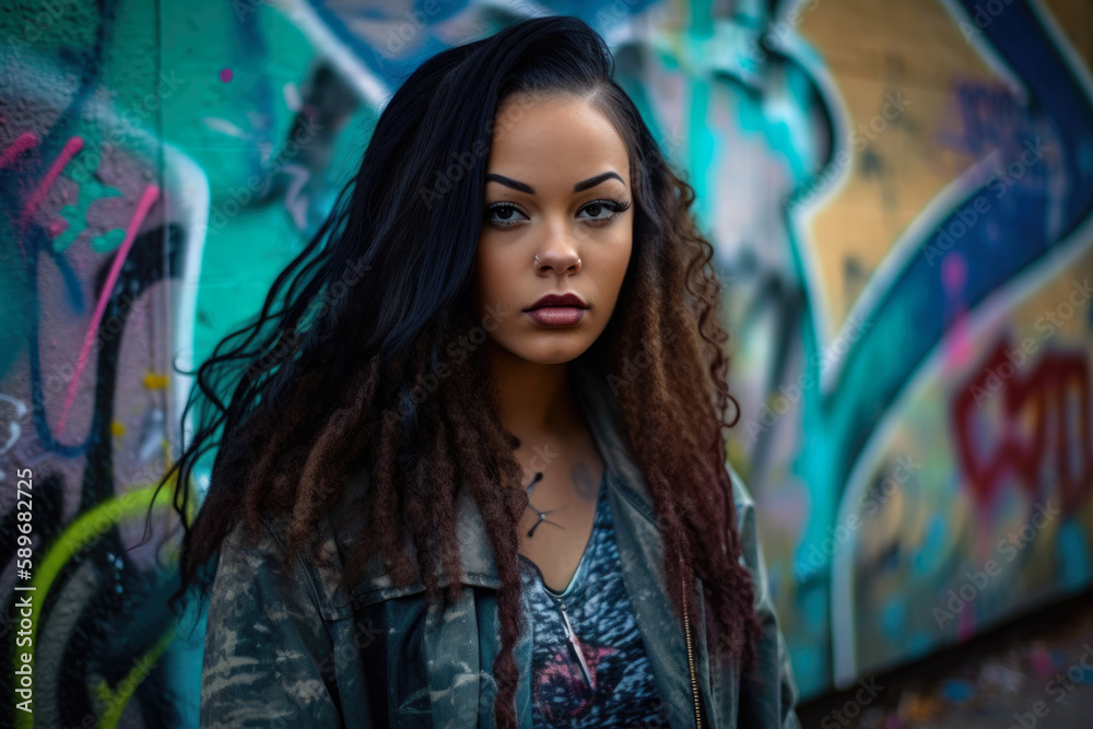 Young Woman with a Graffiti Backdrop and a Fierce Expression on Her Face, generative ai Young Woman with a Graffiti Backdrop and a Fierce Expression on Her Face, generative ai