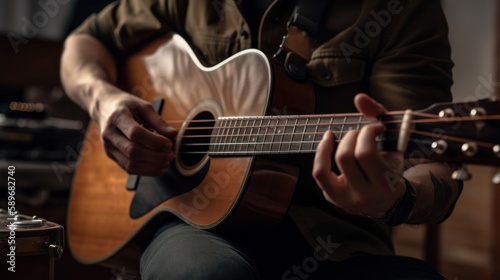 Focused man playing guitar in a music studio with skill and creativity. Generative AI.