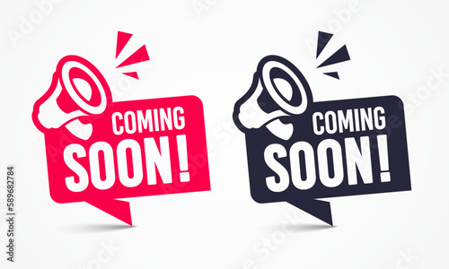 Speech Bubble Label Set With Megaphone Icon And Text Coming Soon