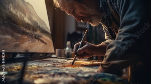 Focused man painting a landscape on a canvas in an art studio. Generative AI.
