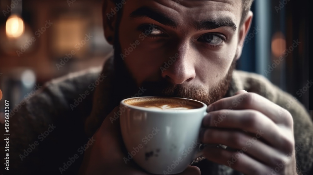 Relaxed man enjoying a cup of coffee in a cafe with a peaceful expression on his face. Generative AI. Relaxed man enjoying a cup of coffee in a cafe with a peaceful expression on his face. Generative AI.