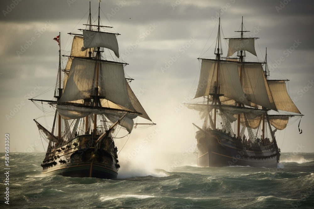 Obraz premium old british ship fighting old french ship Generative AI