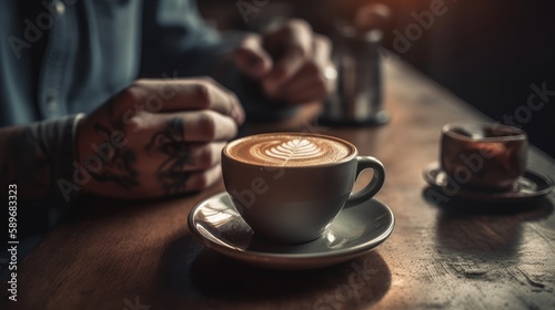 Relaxed man enjoying a cup of coffee in a cafe with a peaceful expression on his face. Generative AI.