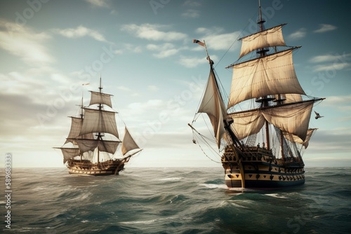 Photo old british ship fighting old french ship Generative AI