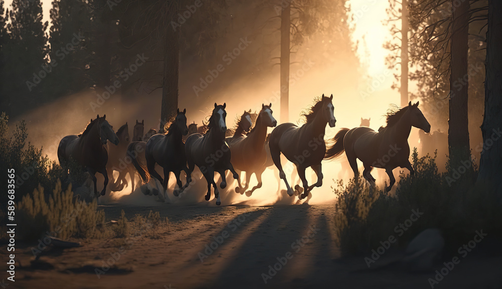 horses sunset in the forest