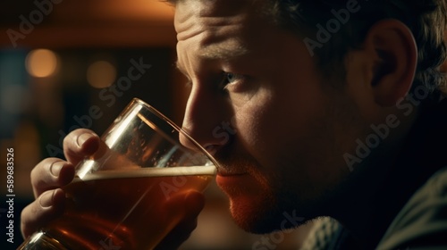 Happy man enjoying a beer in a pub with a big smile on his face. Generative AI.