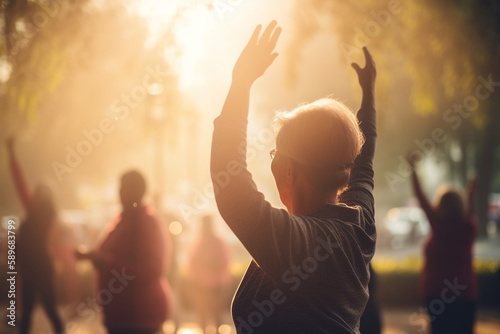Picture of people exercising outdoors, World health day, bokeh Generative AI