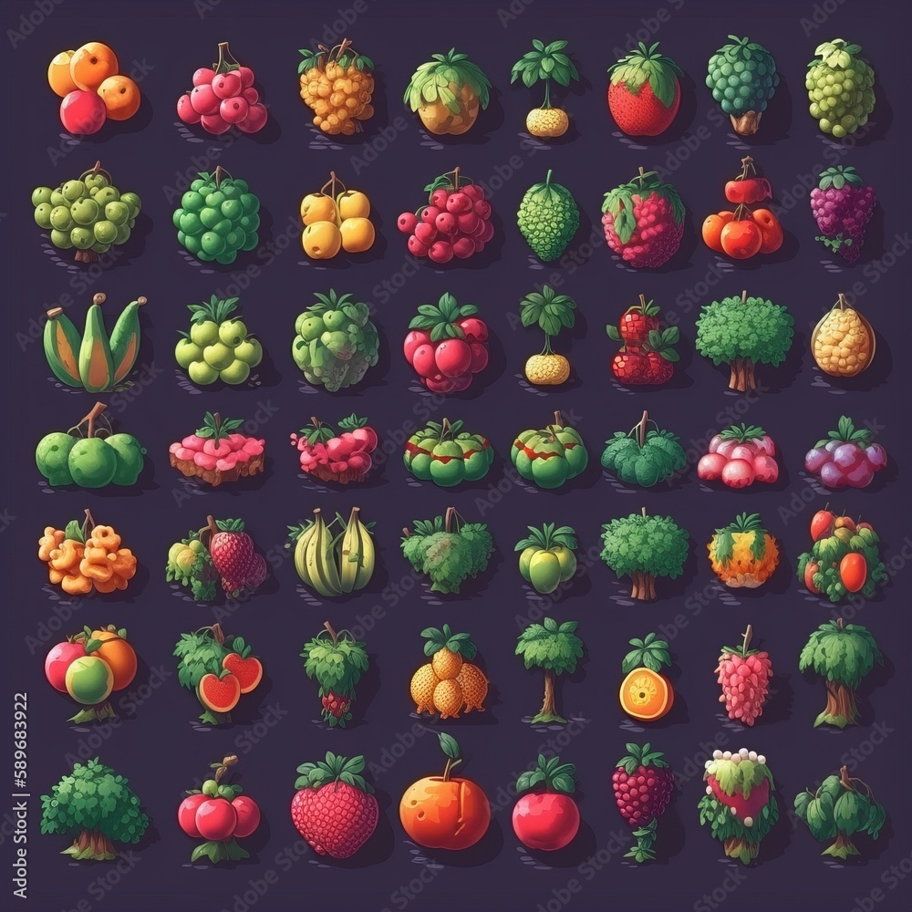 Vegetables and fruits sprite set for gaming assets. Generative ai Vegetables and fruits sprite set for gaming assets. Generative ai