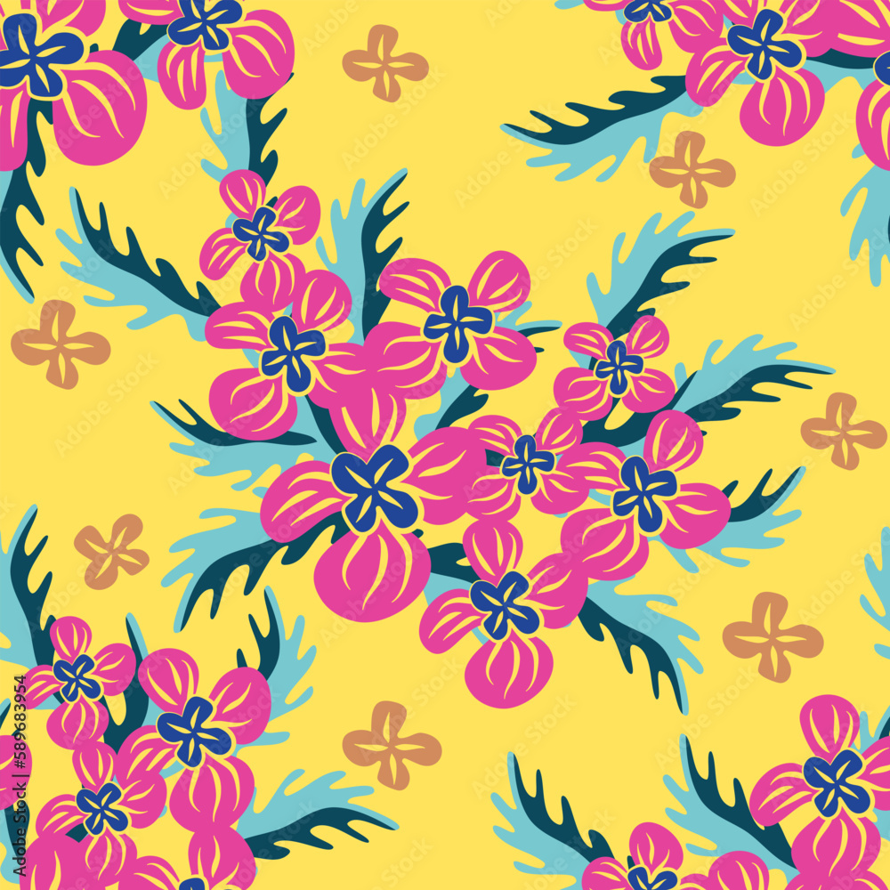 Modern flower seamless pattern exotic design retro African colourful vector illustration