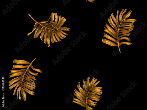 Africa Tropic Seamless Pattern. Large Leaf Aloha Rapport. Hawaiian Botany Texture Design Yellow Orange Black Swimwear Shirt Botanical Flower Background. Watercolor Leaves of Monstera, Palm and Jungle.