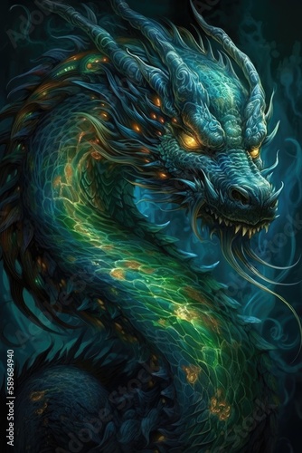 a chinese dragon that has bright green & blue skin & flaming eyes - generative ai © Psylaw