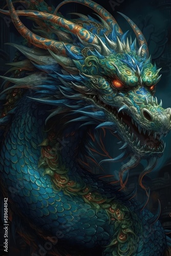 a chinese dragon that has bright green   blue skin   flaming eyes - generative ai