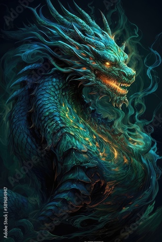 a chinese dragon that has bright green & blue skin & flaming eyes - generative ai © Psylaw