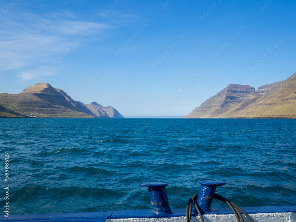 Fototapeta premium Kalsoyarfjørður fjord seen from the ferrie