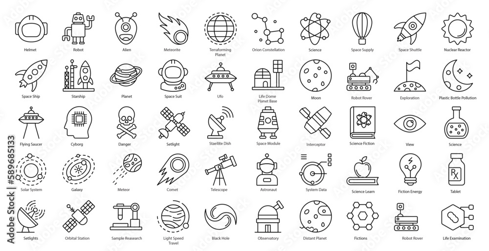 Science Fiction Thin Line Astronomy Astrology Meteor Icon Set in Outline Style 50 Vector Icons in Black
