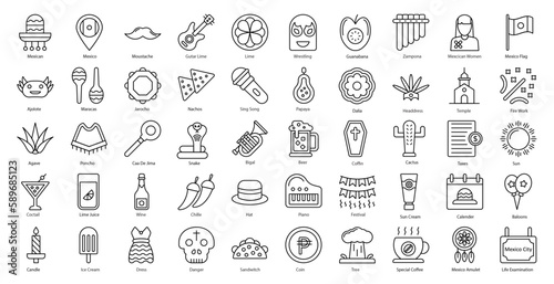 Mexico Thin Line Icons Country Icon Set in Outline Style 50 Vector Icons in Black	
