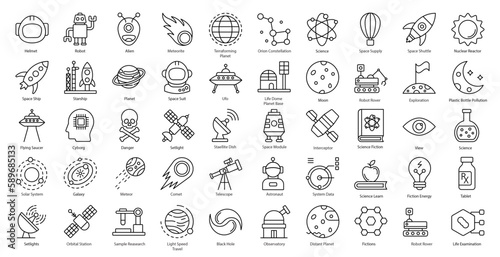 Science Fiction Thin Line Astronomy Astrology Meteor Icon Set in Outline Style 50 Vector Icons in Black
