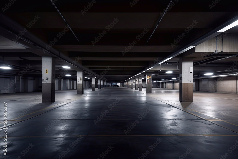 Dark Empty Parking Garage with No Cars, Generative AI