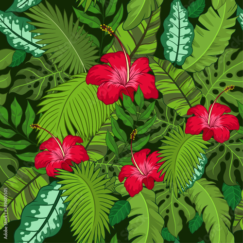 Seamless Pattern of Tropical Exotic Leaves and Flower