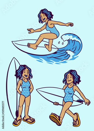 Set of Retro Style Illustration of Women Surfing