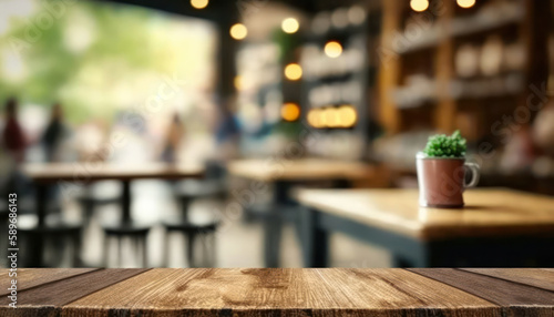 Empty wooden table top for product display with blur luxury cafe. generative AI