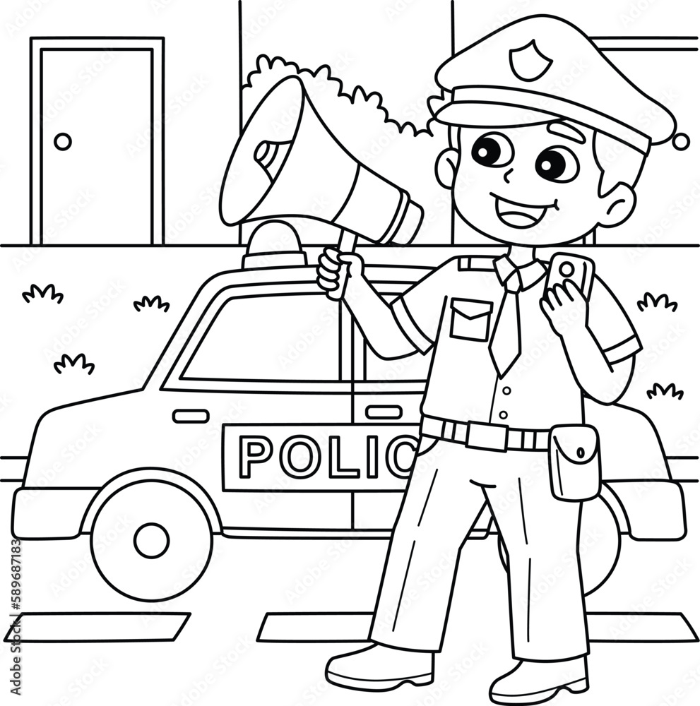 Police Man with a Megaphone Coloring Page for Kids
