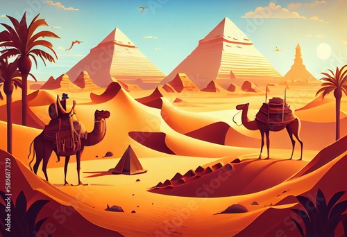 Parallax background egypt desert landscape with pyramids and bedouins with camel. egyptian scenery view of famous landmark in gold sand dunes. cartoon nature separated layers  2d. Generative AI
