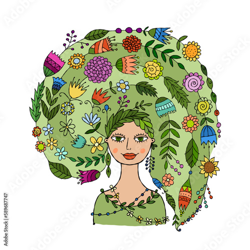 Floral concept art with fairy woman portrait design. Creative vector illustra...