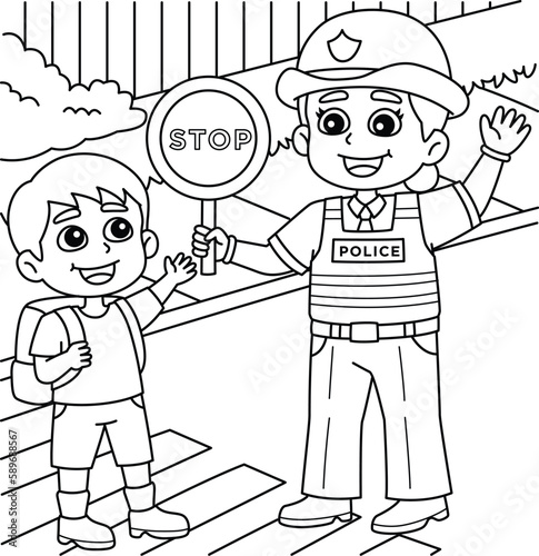 Police Traffic Officer Helping a Kid Coloring Page