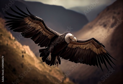 Adult andean condor in flight showing its huge wingspan. Slow motion, 4k. Andes mountains. Generative AI