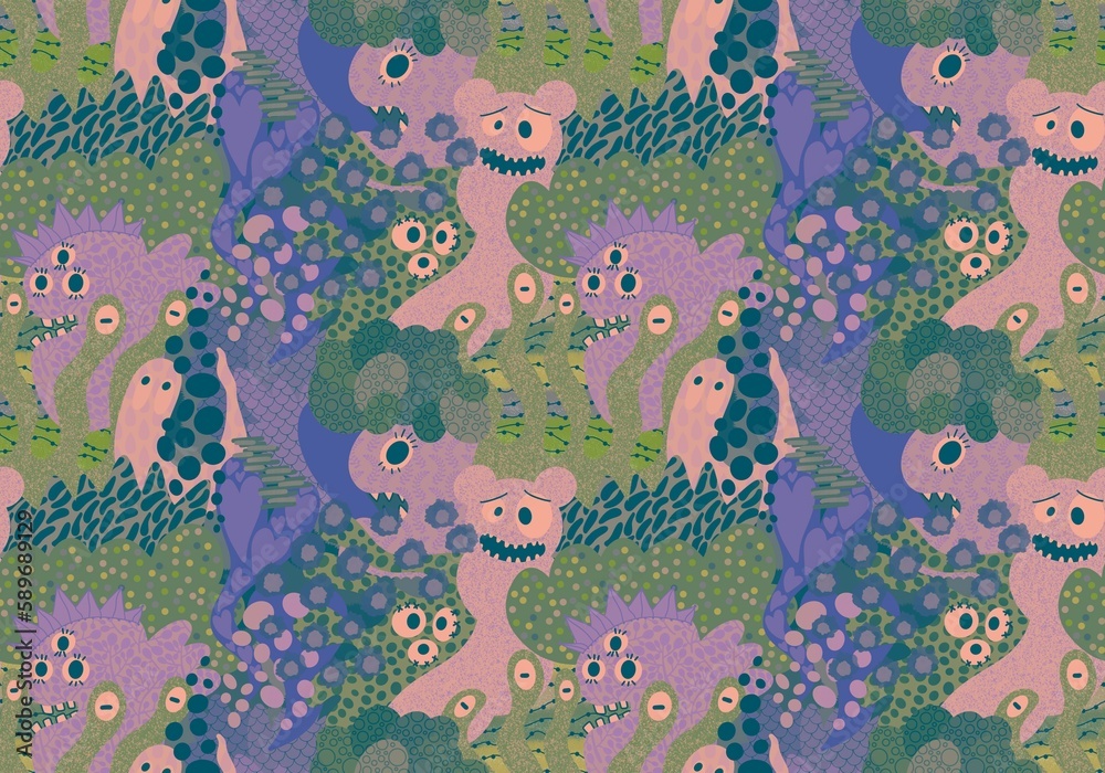 Cartoon monsters seamless emoticons aliens pattern for kids clothes print and wrapping paper and fabrics