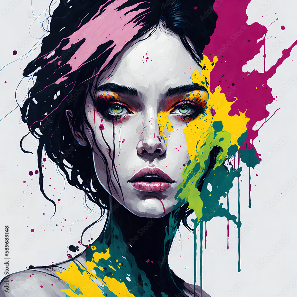 Fashion art portrait of young beautiful woman with paint splashes.