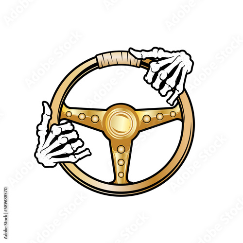 Skeleton hands on golden steering wheel, skeleton hands driving vector illustration clip art