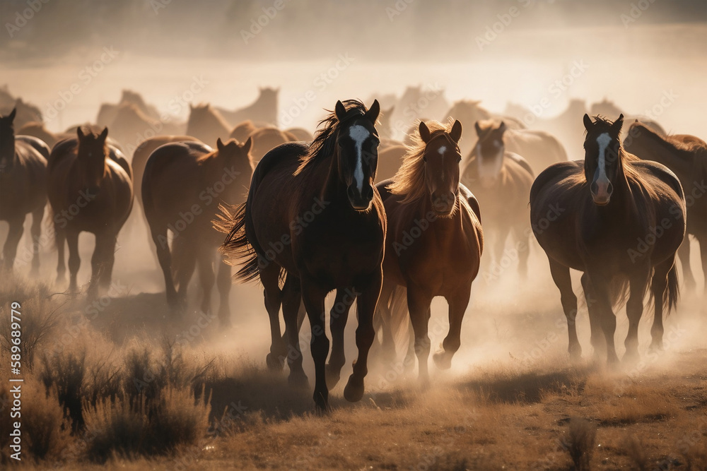 Obraz premium A herd of horses, generative ai