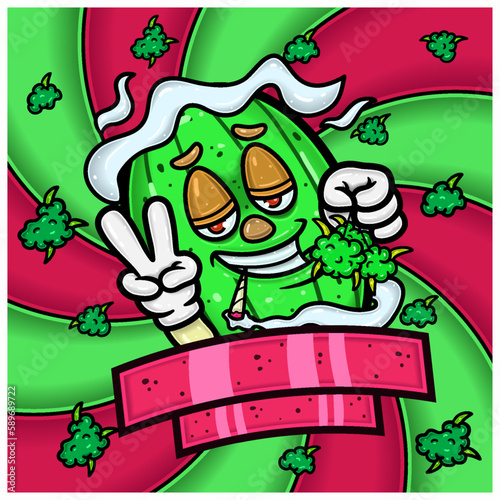 Weed Bud Packaging Design With Watermelon Flavor Mascot Character Cartoon. For Label, Packaging, Product, Cover and Branding.