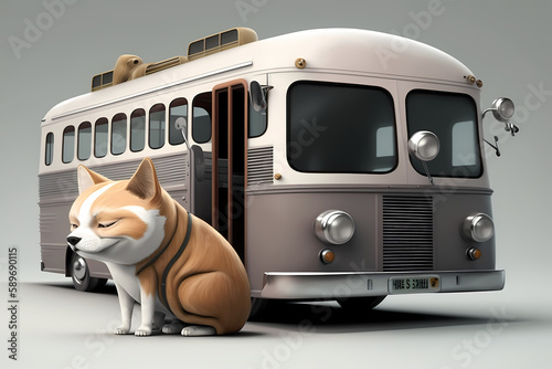 dog waiting in front of bus, generative ai
