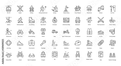 Adventure Sport Thin Line Hobbies Hobby Sport Icon Set in Outline Style 50 Vector Icons in Black