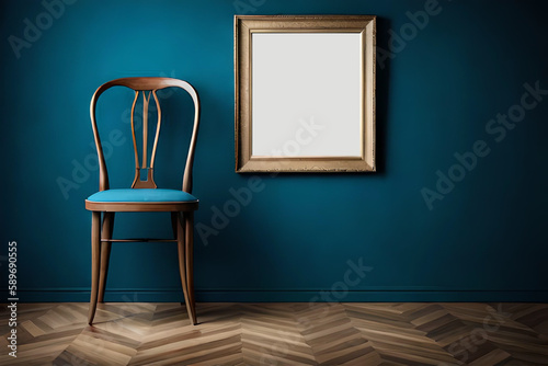 A beautiful and stylish blue Windsor Chair in front of a blue wall with a blank poster frame   Interior design of a modern and luxurious living room   Generative Ai   Indoor D  cor   Blue armchair 