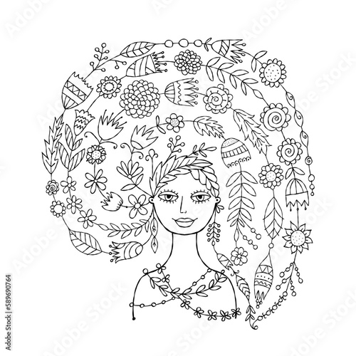 Floral concept art with fairy woman portrait design. Creative vector illustra...