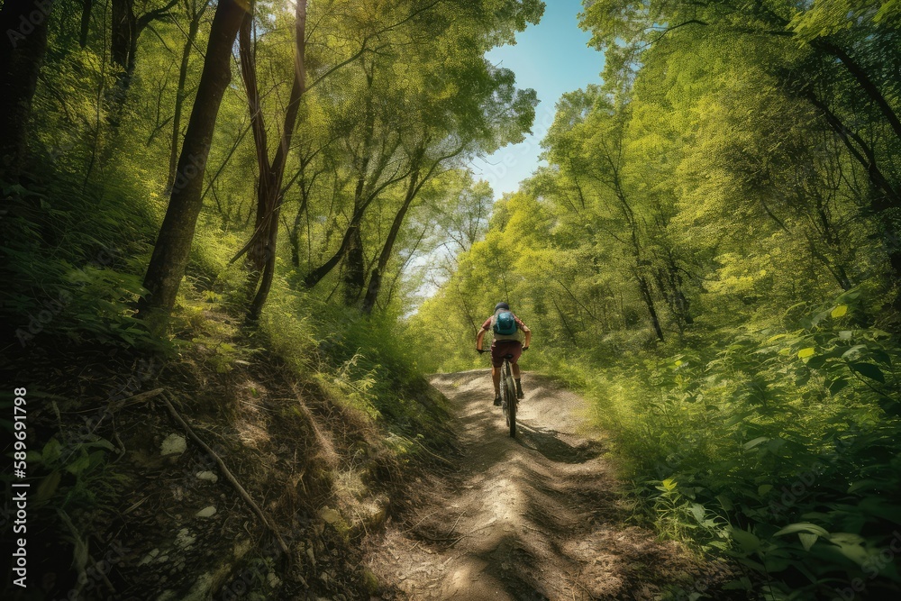 Obraz premium Mountain biker riding cycling in forest, generative ai
