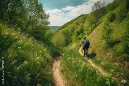 Mountain biker riding cycling in forest, generative ai